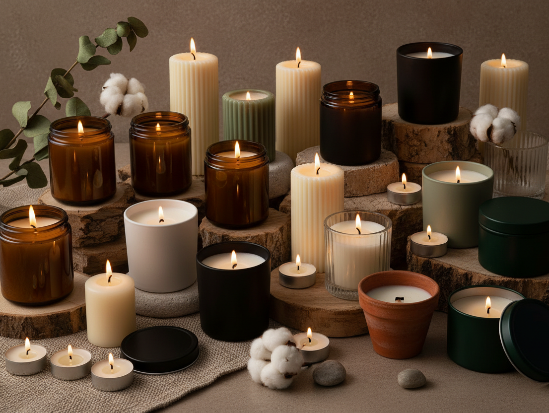 Assorted lit candles in jars, pillars, and tins of different colors and sizes, arranged on wooden slices with cotton stems, eucalyptus, and tealights on a linen backdrop.