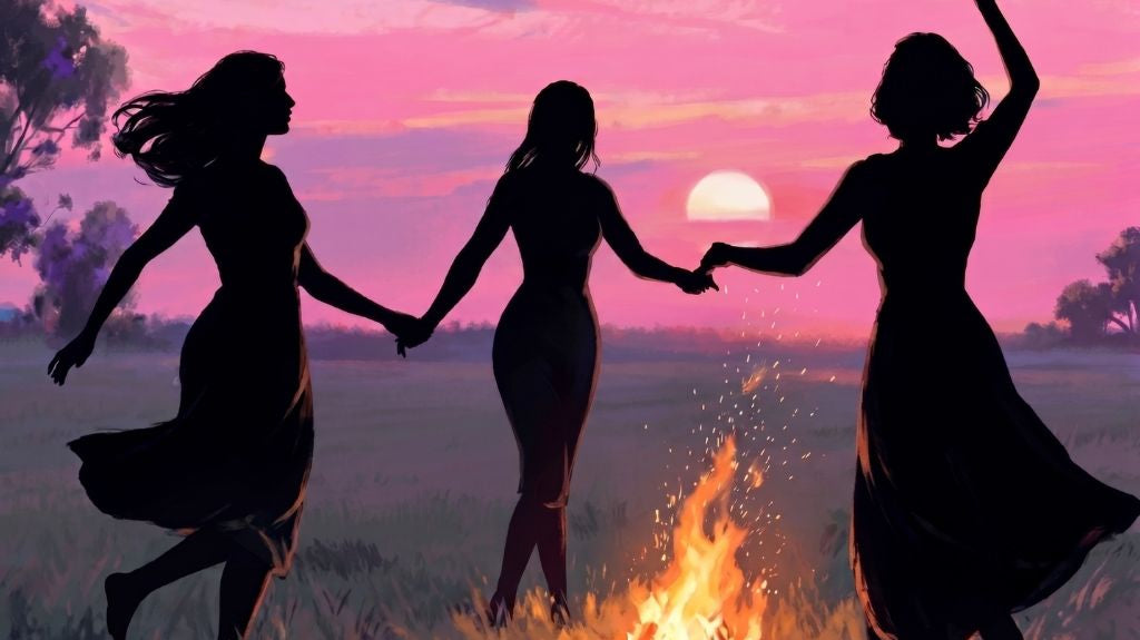 women dancing around a fire at sunset