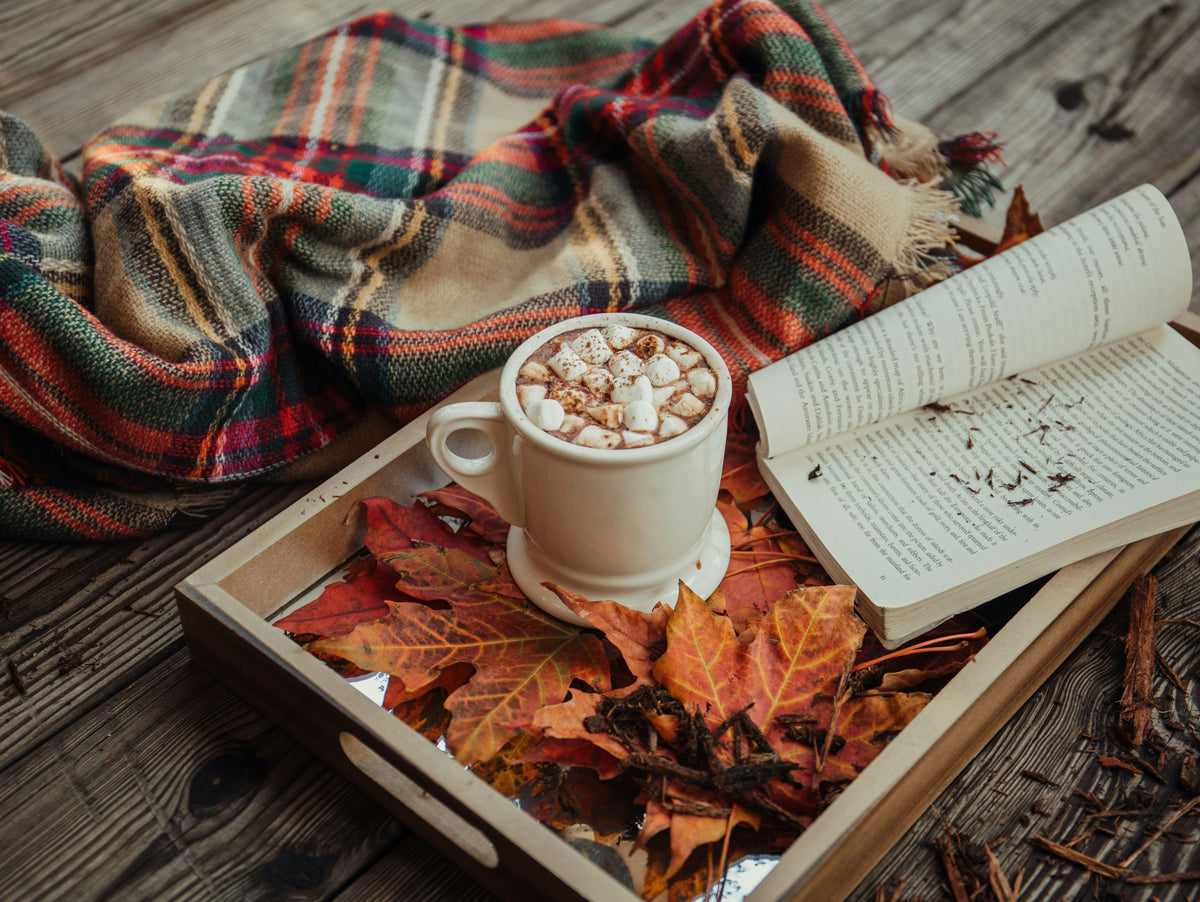 Mug of hot chocolate topped with marshmallows, sitting in a tray of autumn leaves with an open book and plaid blanket nearby.