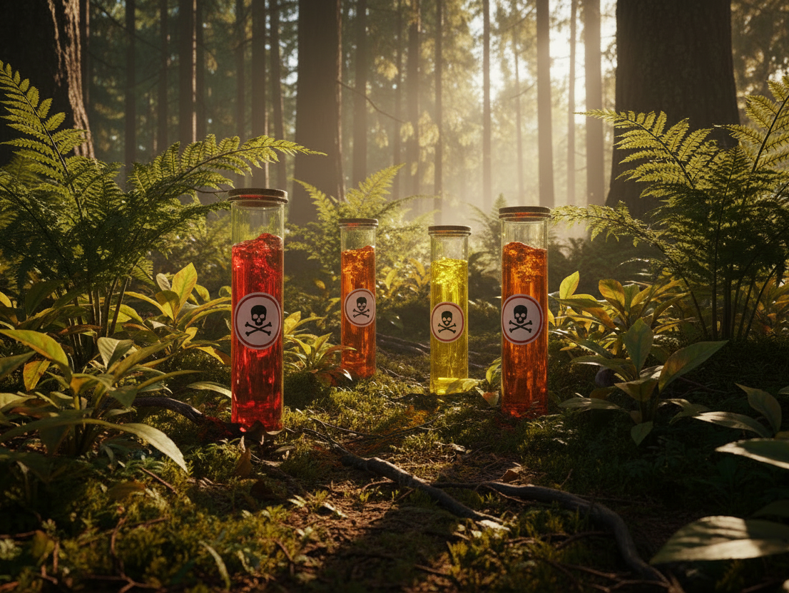 Four glass test tubes filled with glowing red, orange, and yellow liquids stand in a sunlit forest clearing surrounded by ferns and trees. Each tube has a skull-and-crossbones label on the front.