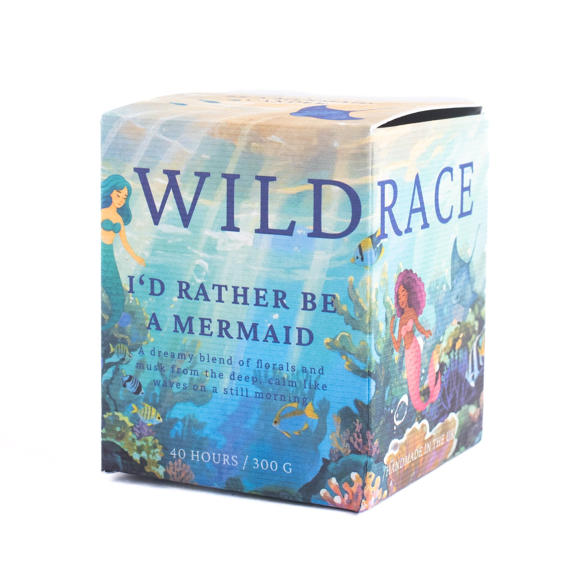 Box of Wild Race 'I'd Rather Be A Mermaid' candle with mermaid design on a white background