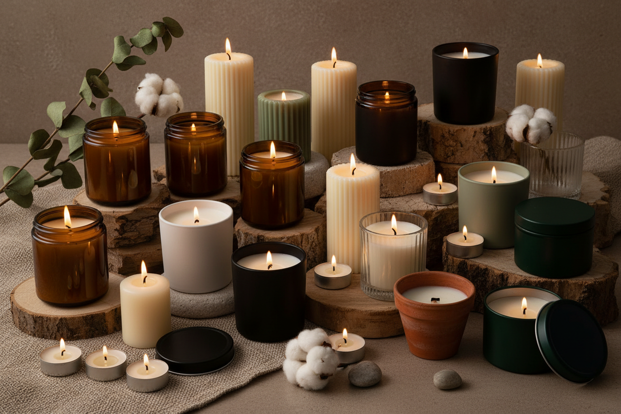 Assorted lit candles in jars, pillars, and tins of different colors and sizes, arranged on wooden slices with cotton stems, eucalyptus, and tealights on a linen backdrop.