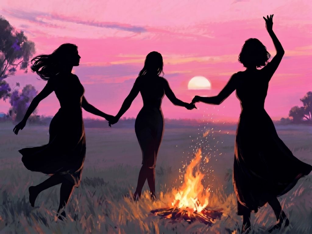 women dancing around a fire at sunset