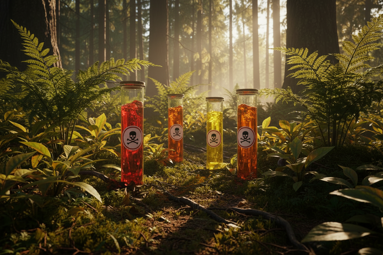 Four glass test tubes filled with glowing red, orange, and yellow liquids stand in a sunlit forest clearing surrounded by ferns and trees. Each tube has a skull-and-crossbones label on the front.